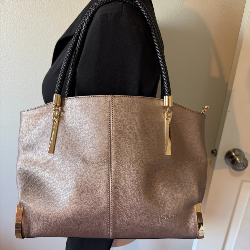 Foxer Women's metallic gold Tote with Black Braided Handles